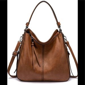 Realer Vegan Leather Hobo Bag With Tassel, Brown